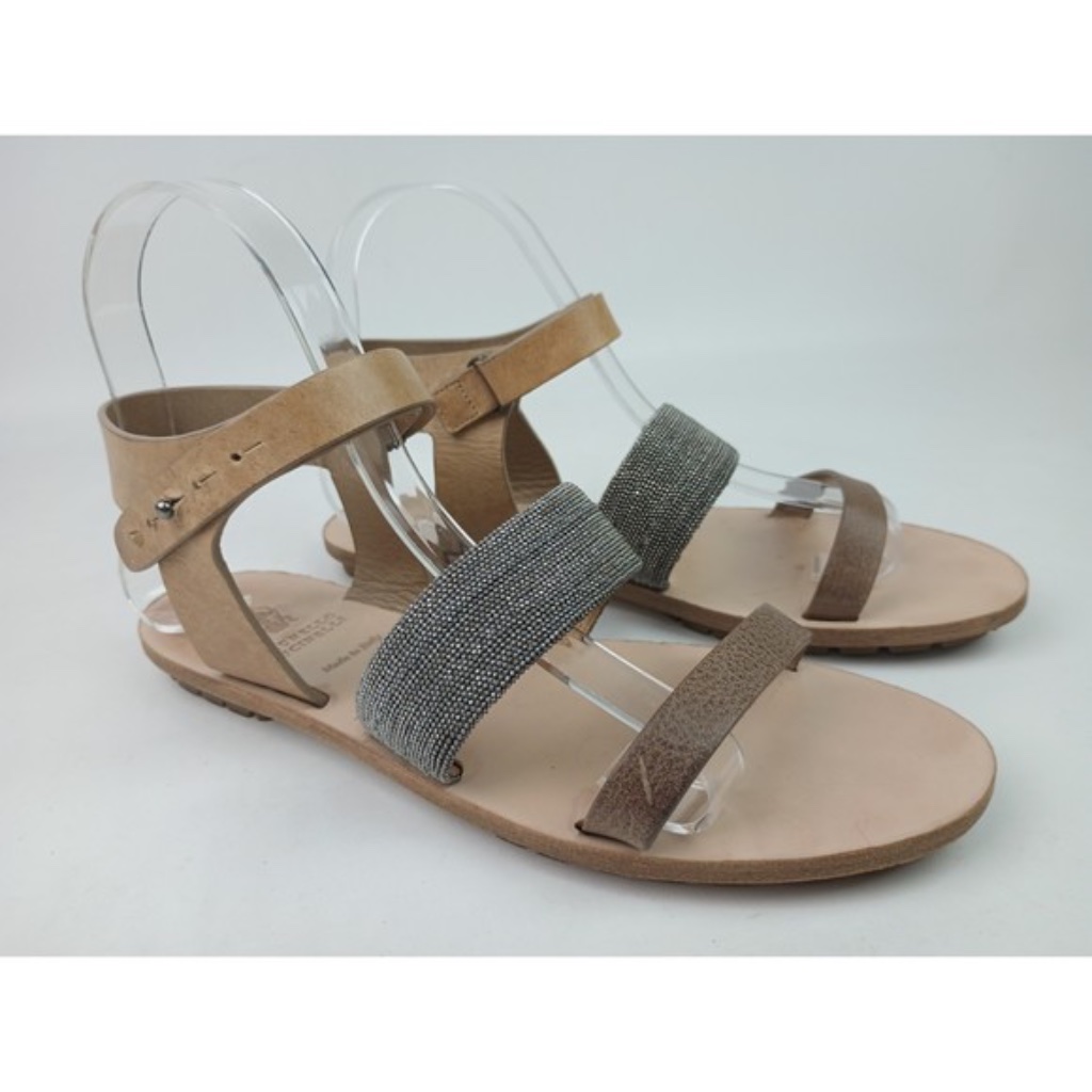 Brunello Cucinelli Metallic Beaded Grecian Ankle Strap Two-Tone Brown Leather Sa